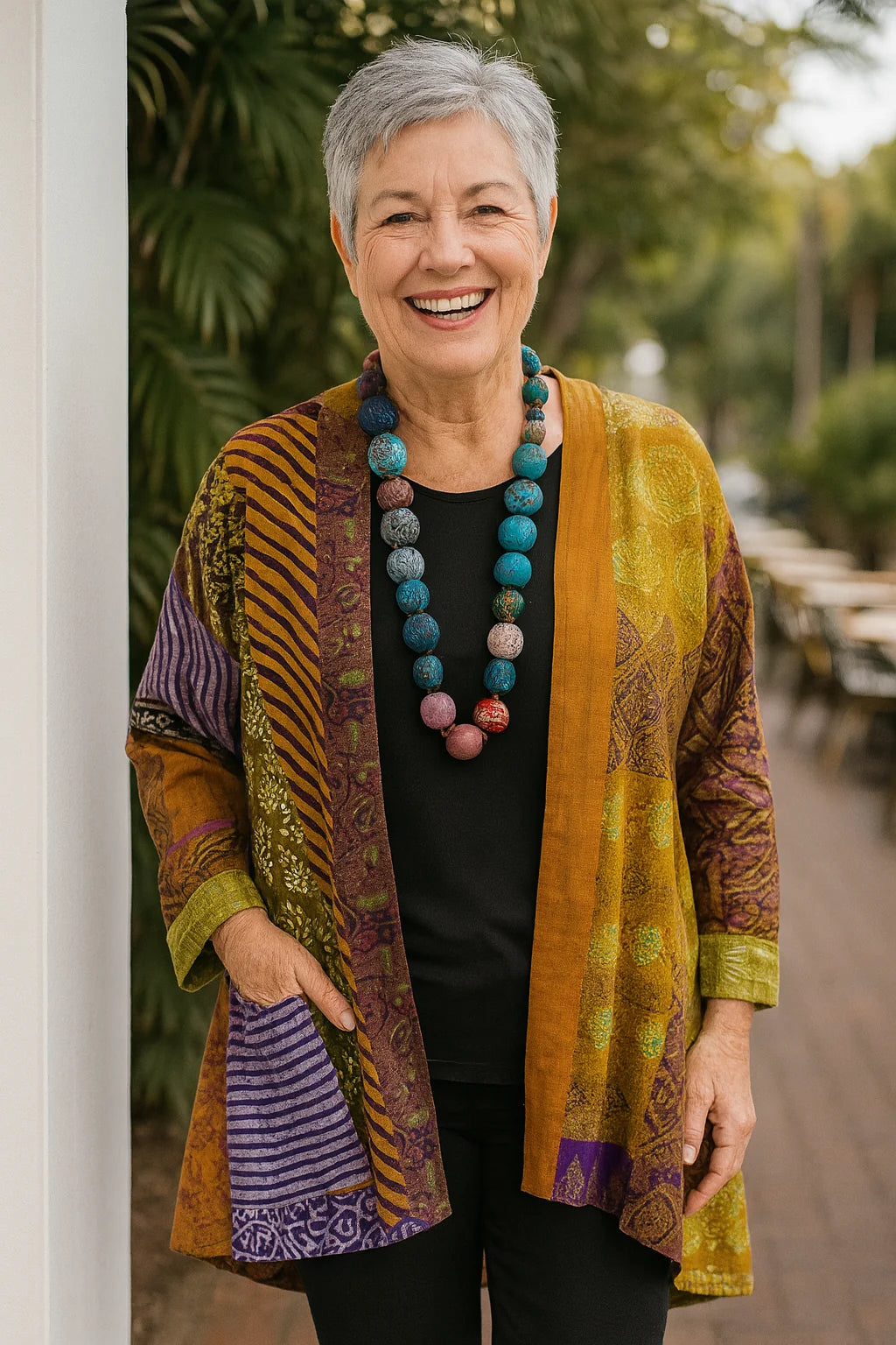 Claire | Patchwork Print Open Front Cardigan Jacket with Side Pockets
