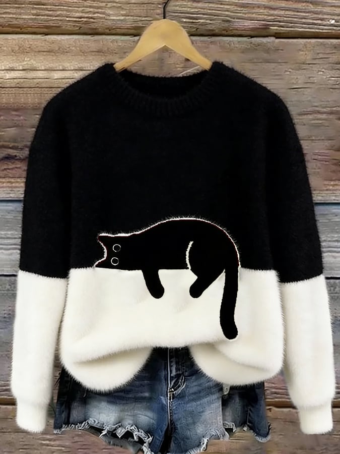 Adrienne | Cat Print Relaxed Fit Sweater