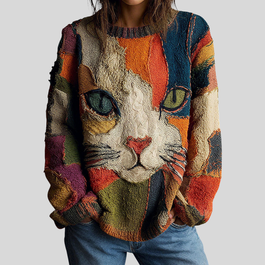 Faye | Cat Patchwork Bohemian Sweater