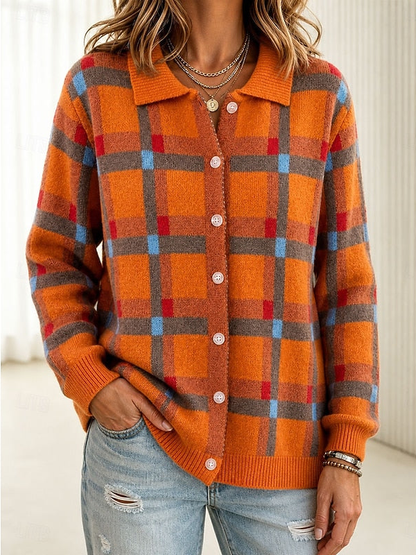 Josephine | Button-Front Plaid Knit Cardigan with Collar