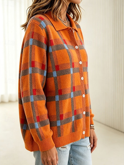 Josephine | Button-Front Plaid Knit Cardigan with Collar