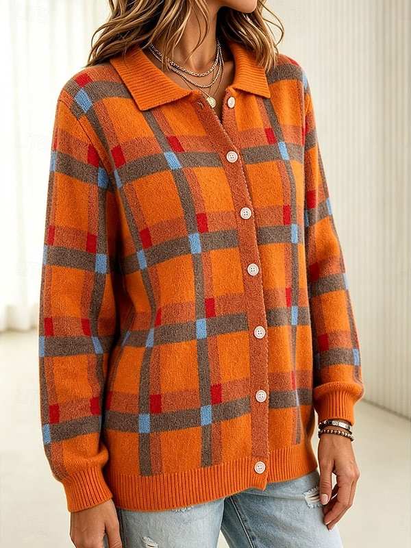 Josephine | Button-Front Plaid Knit Cardigan with Collar