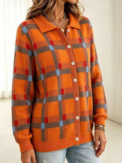 Josephine | Button-Front Plaid Knit Cardigan with Collar