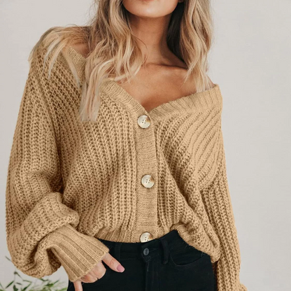 Joy | Chunky Knit V-Neck Cardigan with Balloon Sleeves
