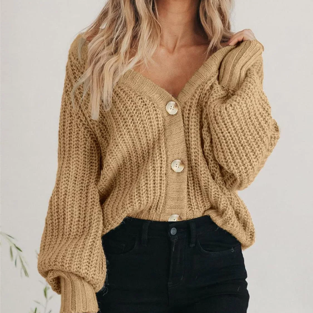 Joy | Chunky Knit V-Neck Cardigan with Balloon Sleeves