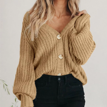 Joy | Chunky Knit V-Neck Cardigan with Balloon Sleeves