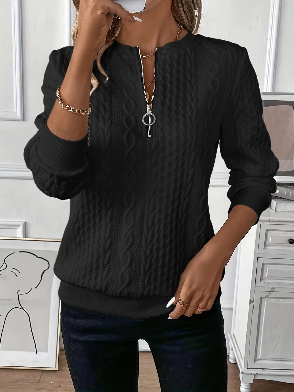 Sabrina | Half-Zip Cable Knit Sweater with Stand Collar