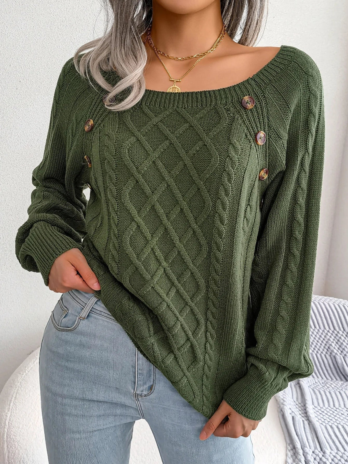 Theodora | Elegant Cable-Knit Sweater with Buttons