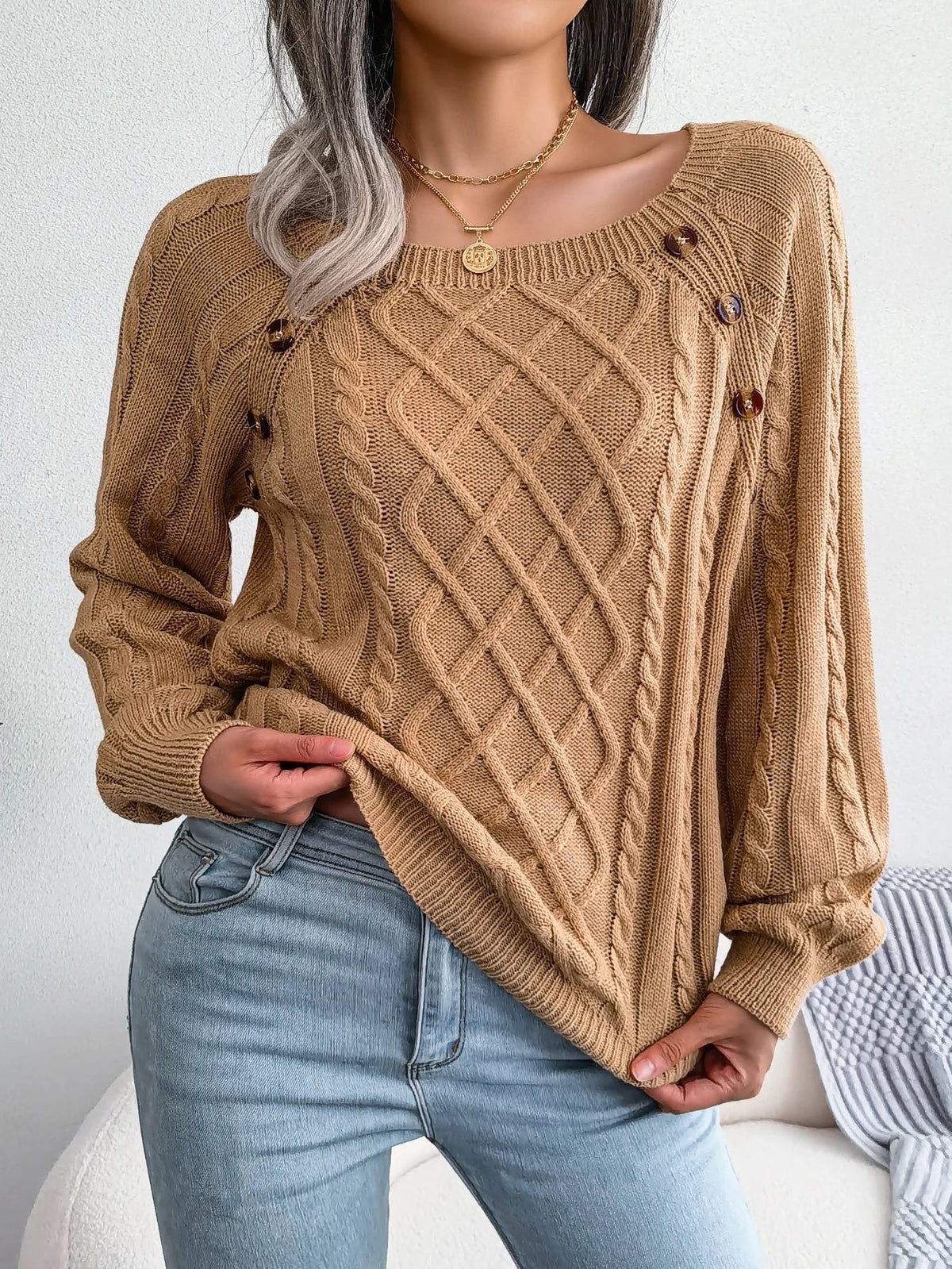 Theodora | Elegant Cable-Knit Sweater with Buttons