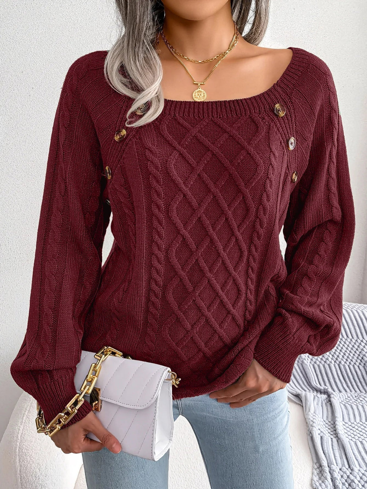 Theodora | Elegant Cable-Knit Sweater with Buttons