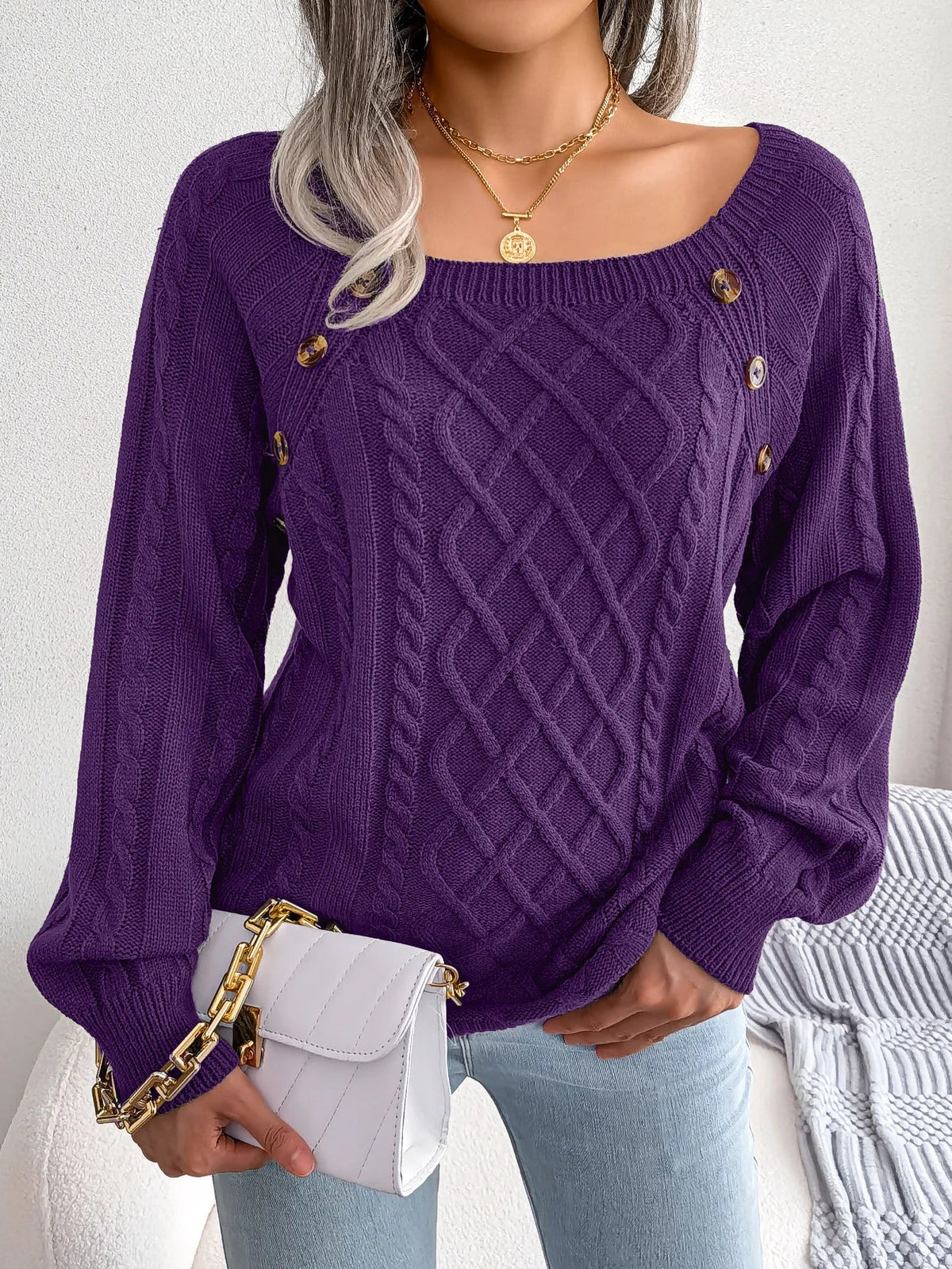 Theodora | Elegant Cable-Knit Sweater with Buttons