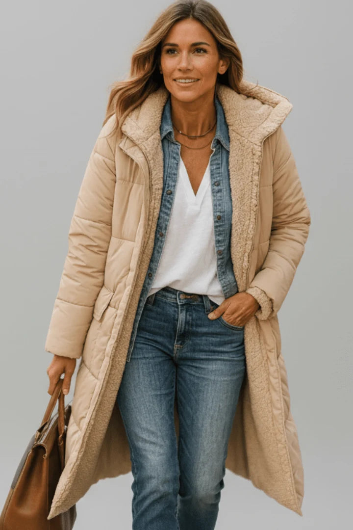 Brooklyn | Hooded Longline Puffer Coat with Faux Shearling Trim