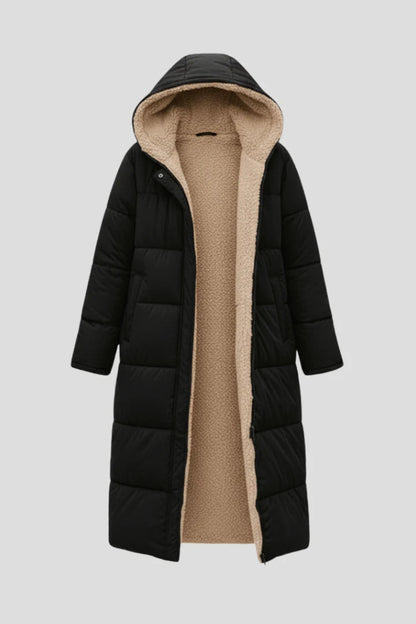 Brooklyn | Hooded Longline Puffer Coat with Faux Shearling Trim
