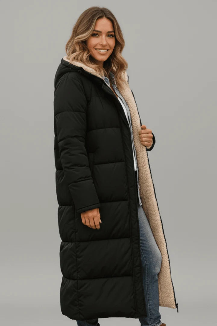 Brooklyn | Hooded Longline Puffer Coat with Faux Shearling Trim