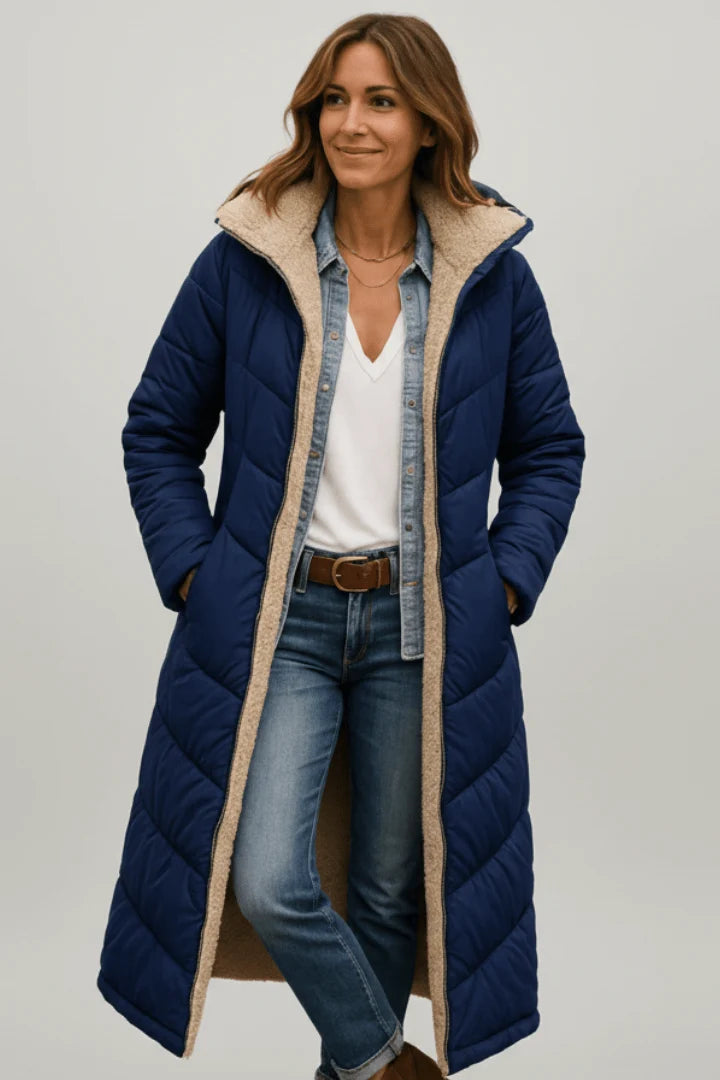 Brooklyn | Hooded Longline Puffer Coat with Faux Shearling Trim