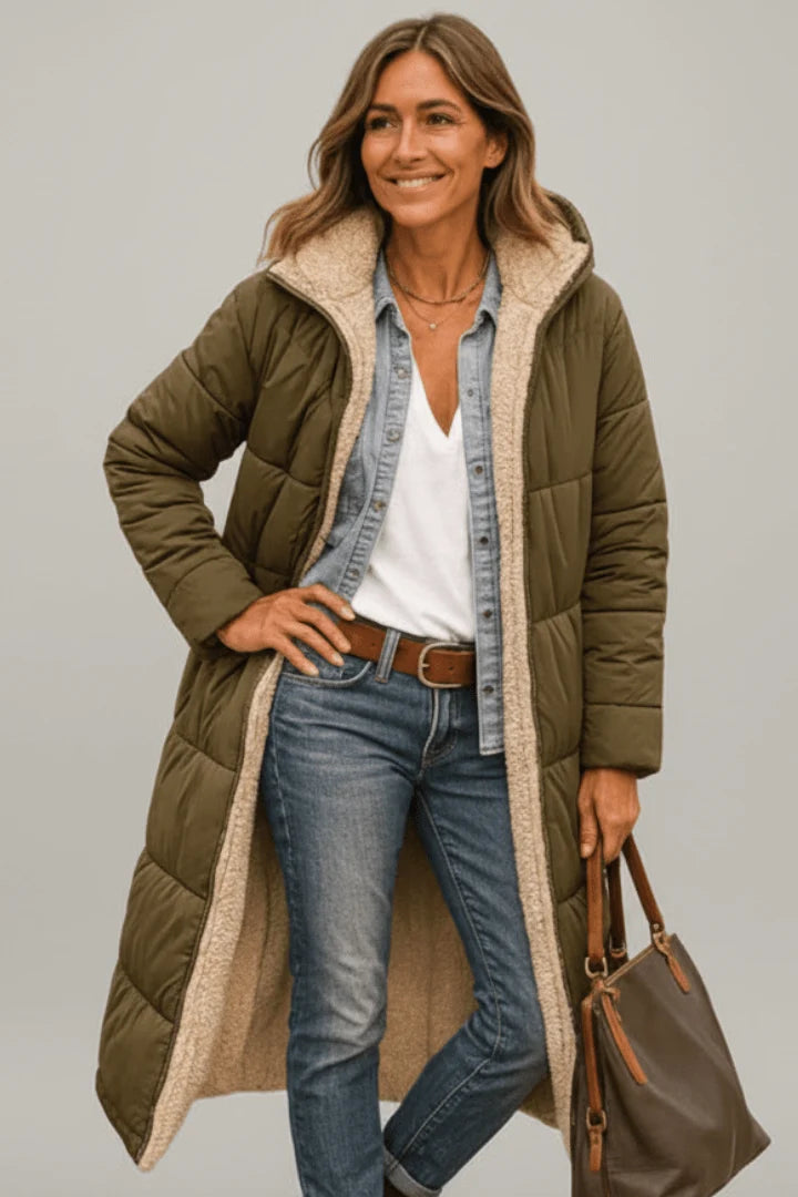 Brooklyn | Hooded Longline Puffer Coat with Faux Shearling Trim