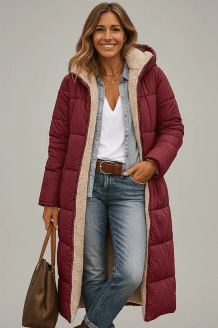 Brooklyn | Hooded Longline Puffer Coat with Faux Shearling Trim