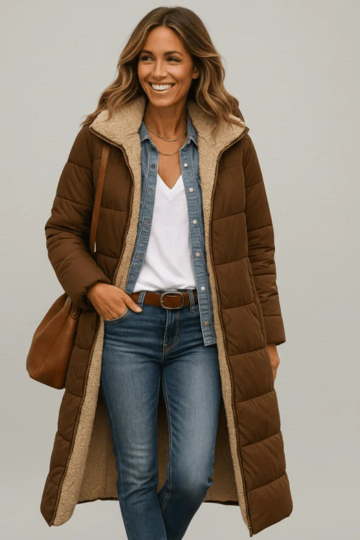 Brooklyn | Hooded Longline Puffer Coat with Faux Shearling Trim
