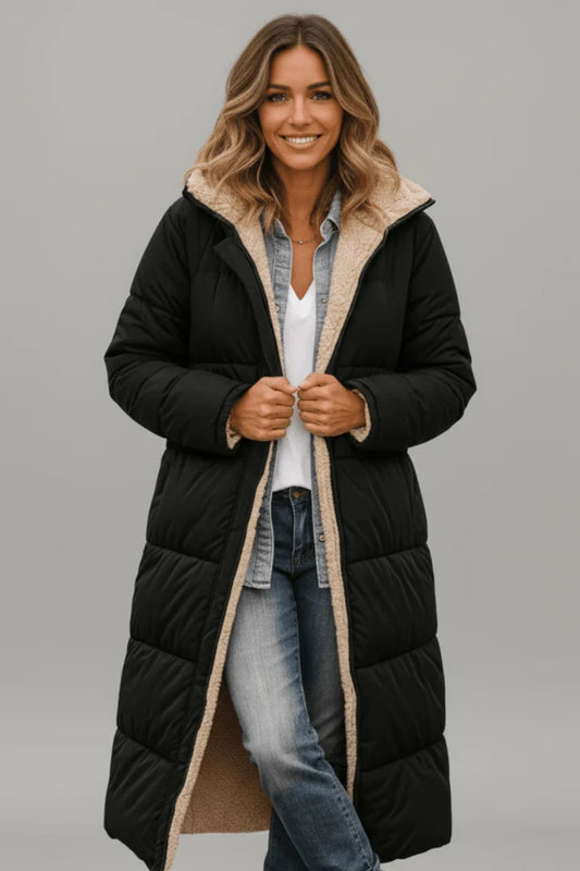 Brooklyn | Hooded Longline Puffer Coat with Faux Shearling Trim