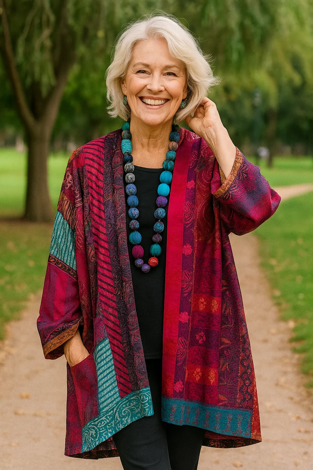 Claire | Patchwork Print Open Front Cardigan Jacket with Side Pockets