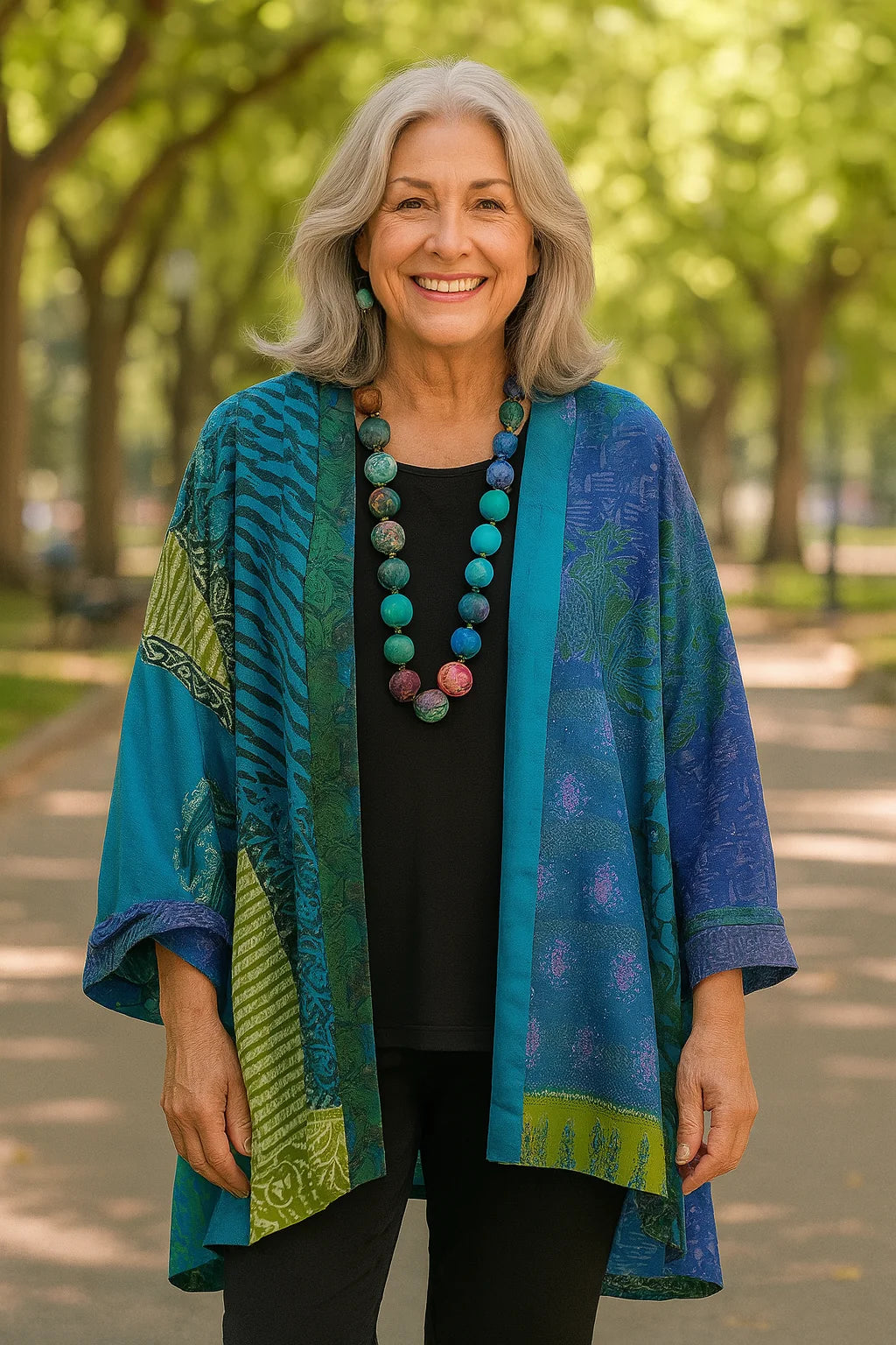 Claire | Patchwork Print Open Front Cardigan Jacket with Side Pockets