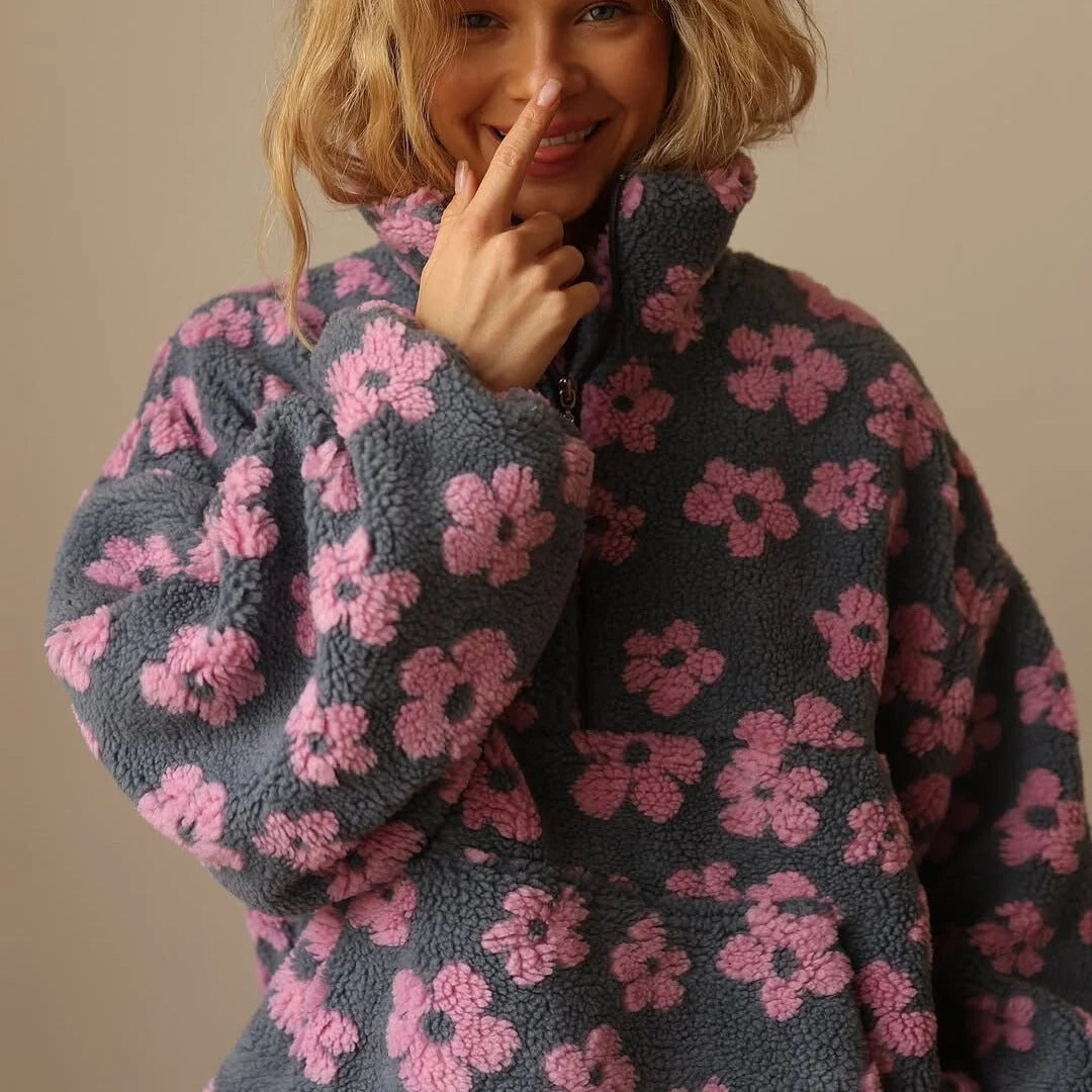 Evelyn | Floral Teddy Fleece Half-Zip Jacket