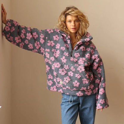 Evelyn | Floral Teddy Fleece Half-Zip Jacket