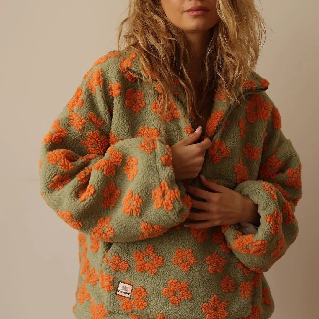 Evelyn | Floral Teddy Fleece Half-Zip Jacket