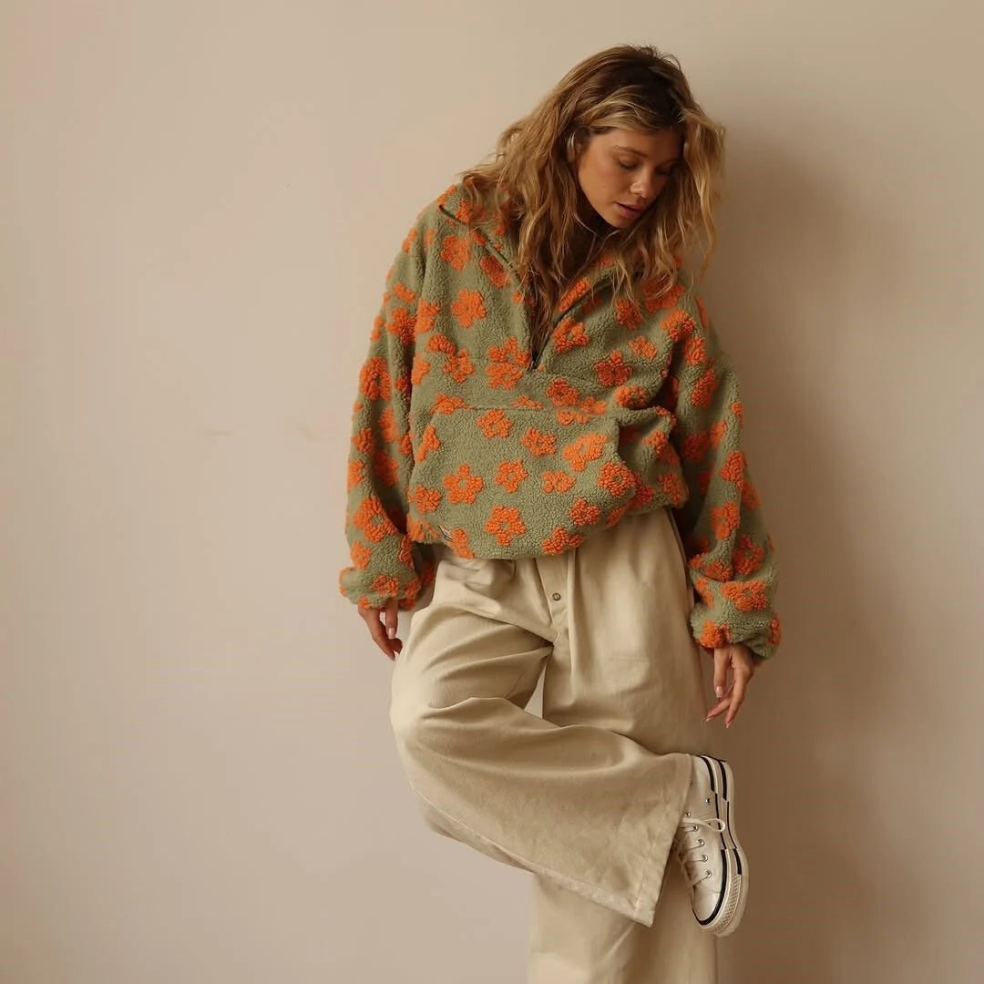 Evelyn | Floral Teddy Fleece Half-Zip Jacket