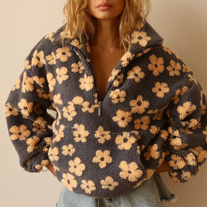 Evelyn | Floral Teddy Fleece Half-Zip Jacket