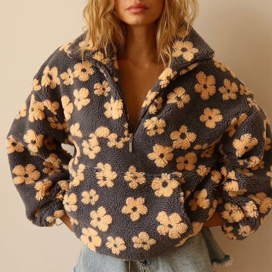 Evelyn | Floral Teddy Fleece Half-Zip Jacket