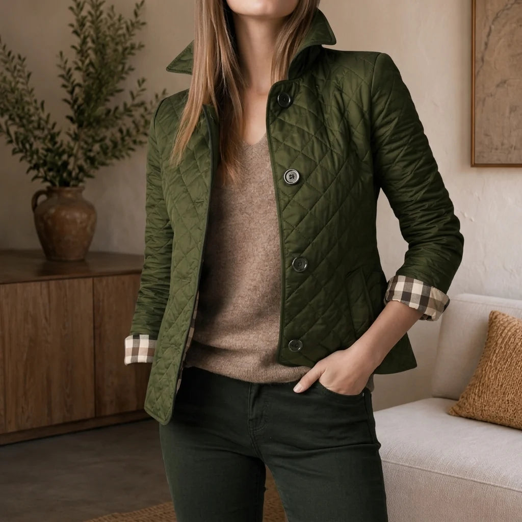 Isabella | Quilted Diamond Jacket with Plaid Cuffs