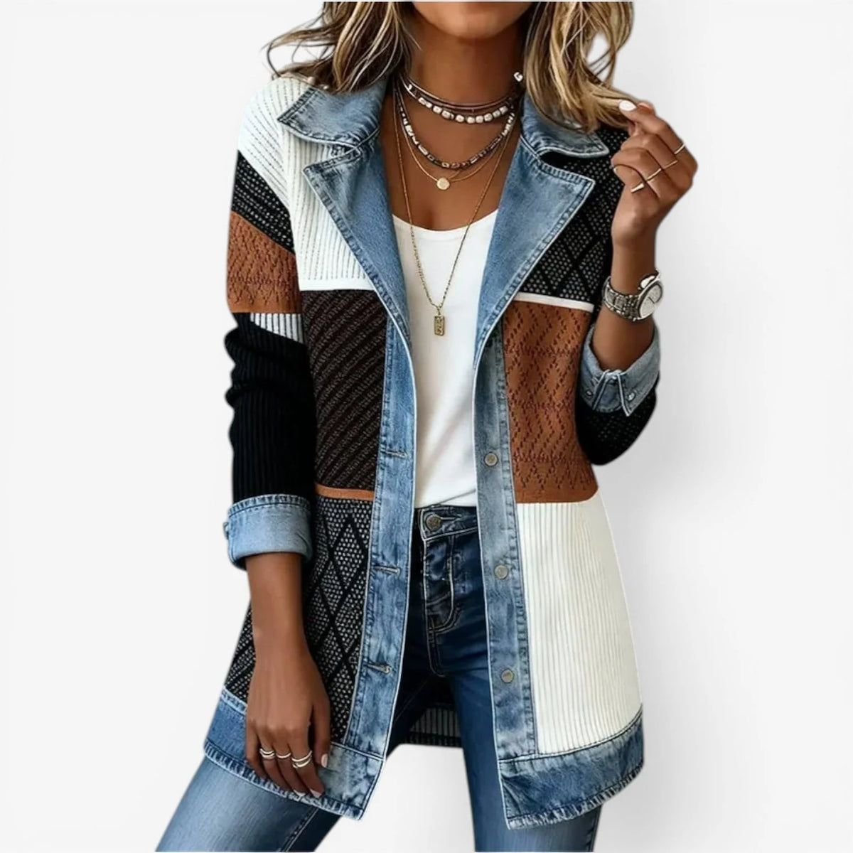Jennifer | Layered Collar Knit Jacket with Denim-Inspired Trim