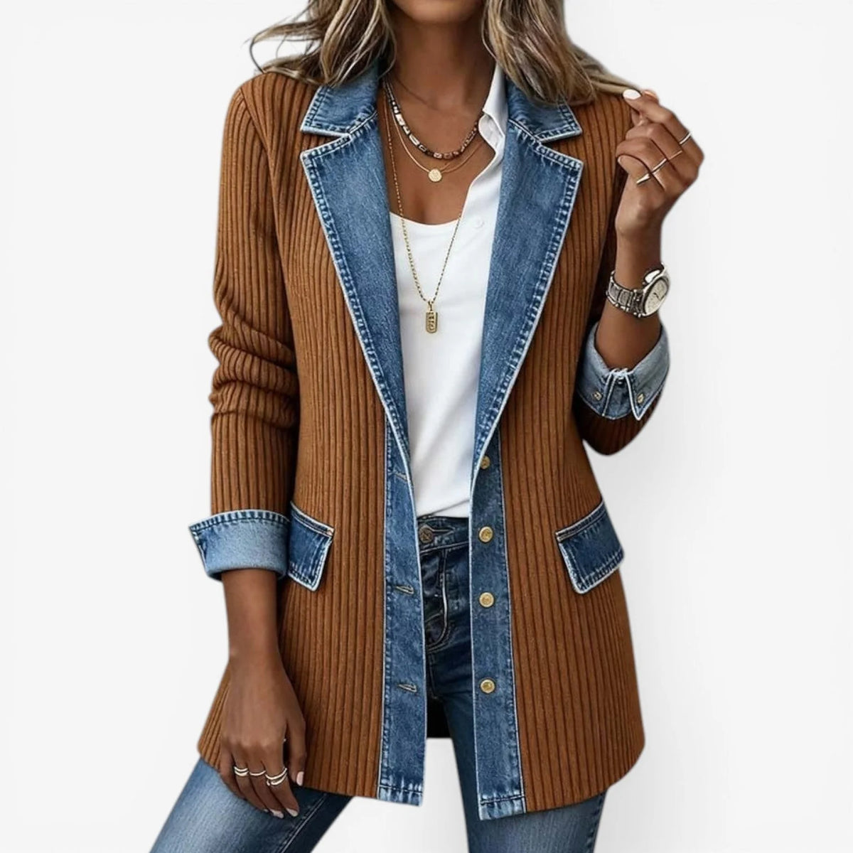 Jennifer | Layered Collar Knit Jacket with Denim-Inspired Trim
