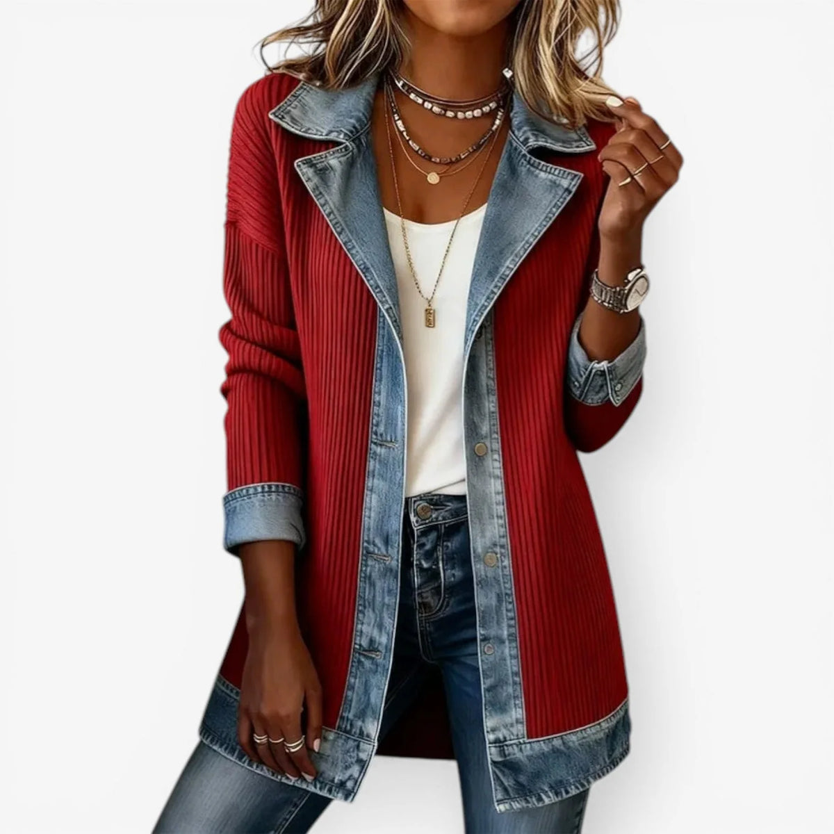 Jennifer | Layered Collar Knit Jacket with Denim-Inspired Trim