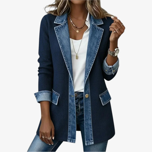 Jennifer | Layered Collar Knit Jacket with Denim-Inspired Trim