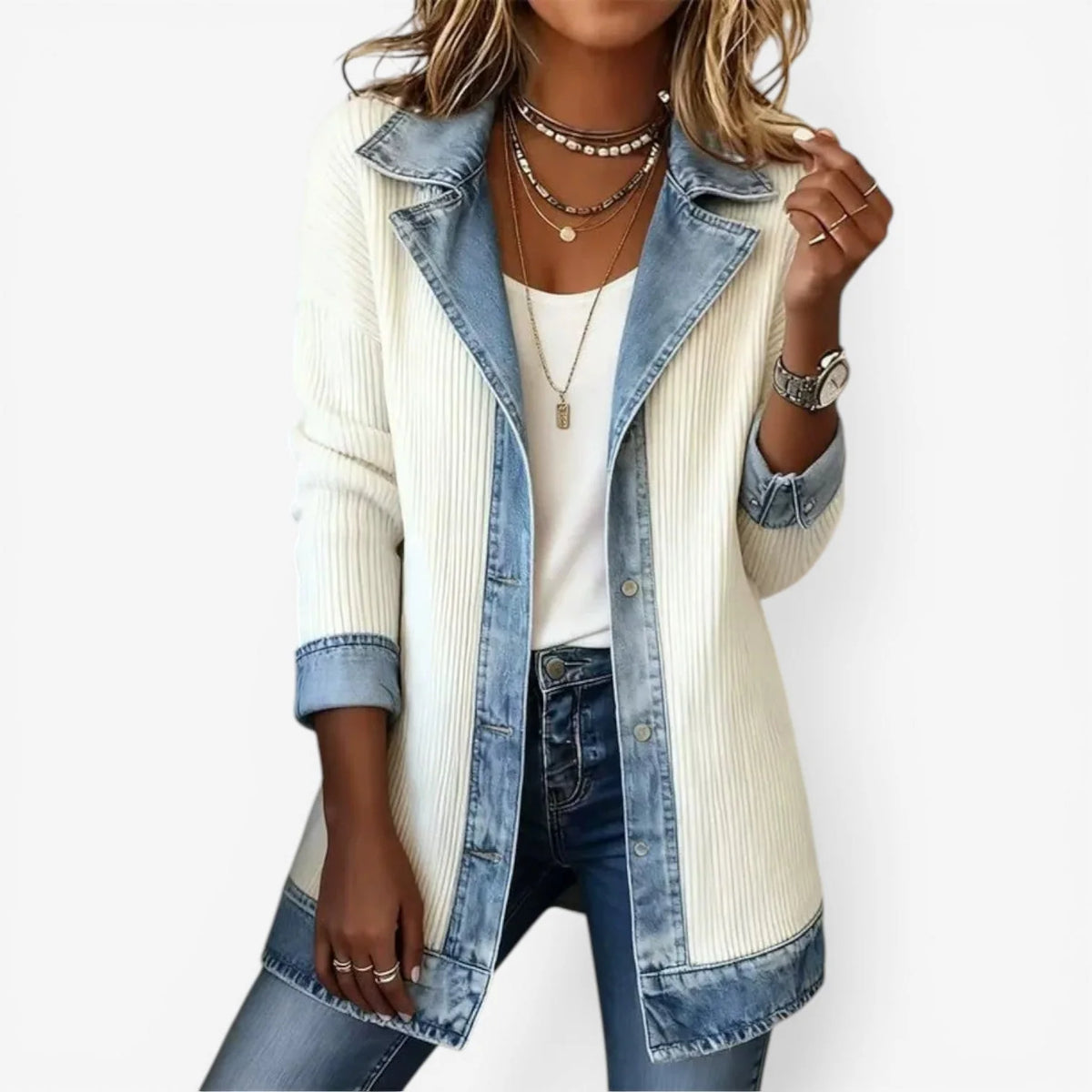 Jennifer | Layered Collar Knit Jacket with Denim-Inspired Trim