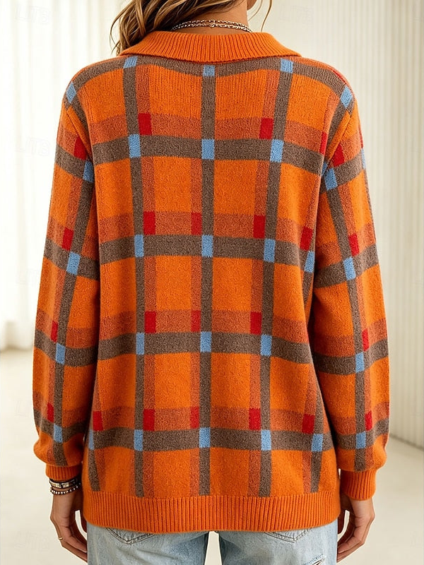 Josephine | Button-Front Plaid Knit Cardigan with Collar