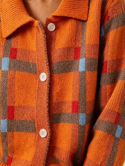 Josephine | Button-Front Plaid Knit Cardigan with Collar