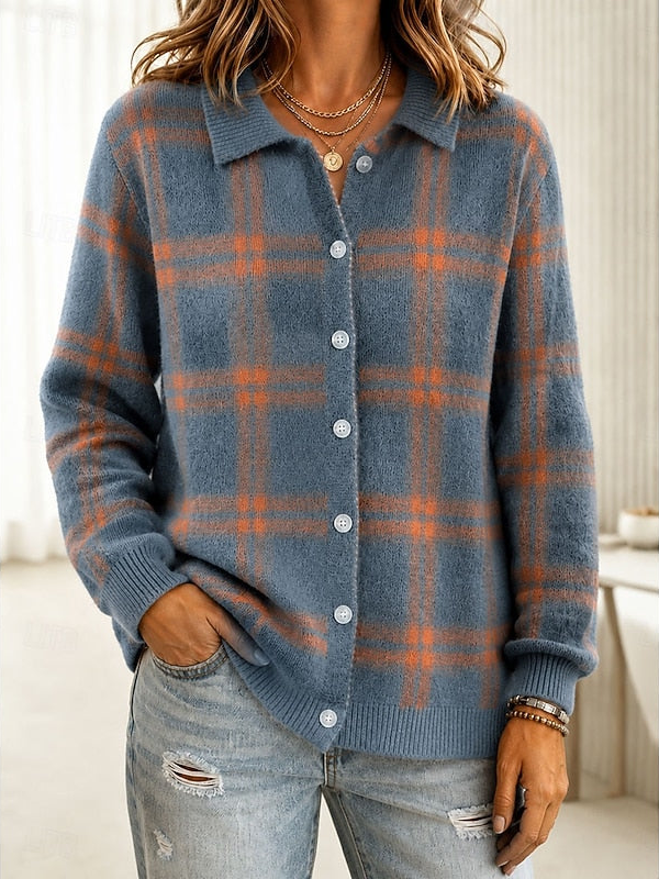 Josephine | Button-Front Plaid Knit Cardigan with Collar