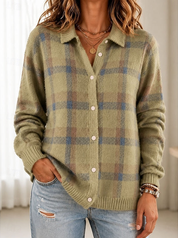 Josephine | Button-Front Plaid Knit Cardigan with Collar