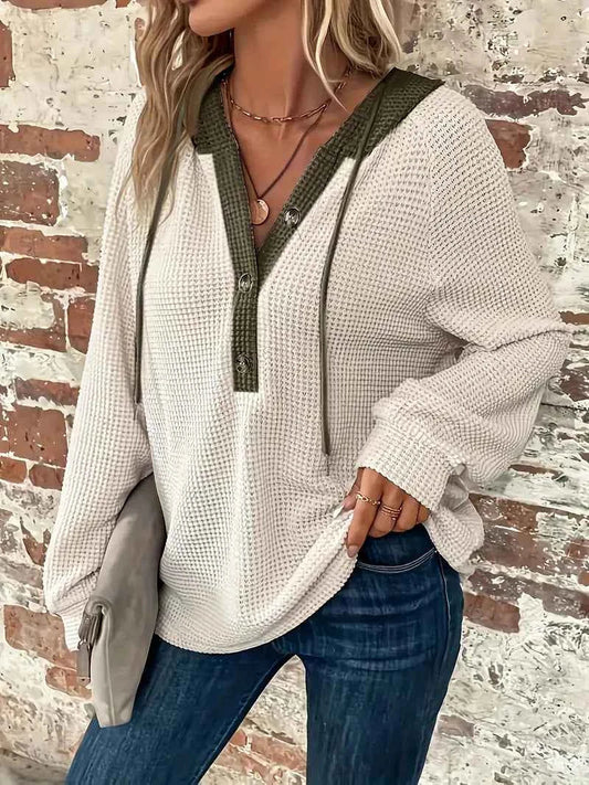 Julia | Waffle Knit Hoodie with Contrast Hood and Button Placket