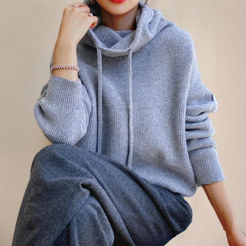 Lauren | Oversized Knit Hoodie Sweater with Drawstring Hood