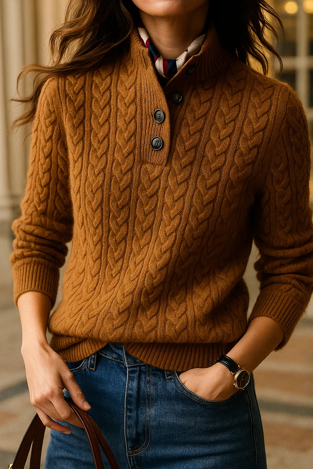 Lillian | Cable-Knit Button-Up Sweater with Stand Collar