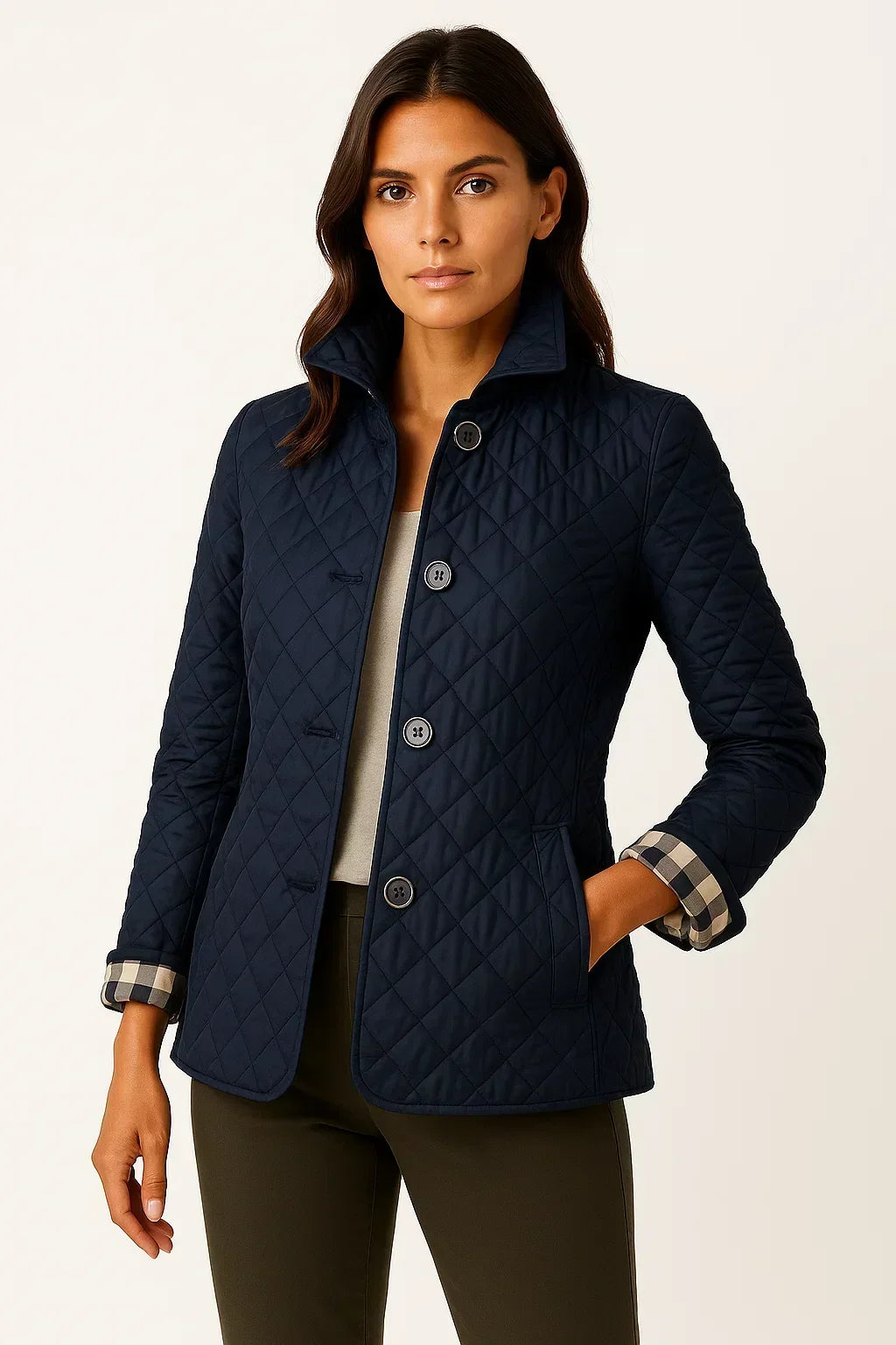 Madison | Fitted Diamond Quilted Jacket with Check Cuff Lining for Fall