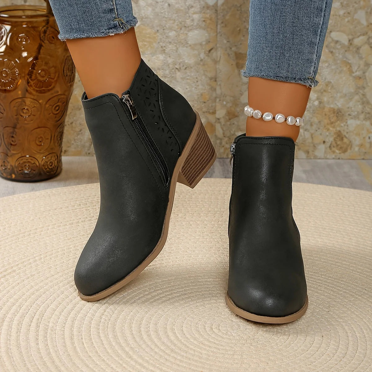 Mia | Laser-Cut Ankle Boots with Stacked Heel