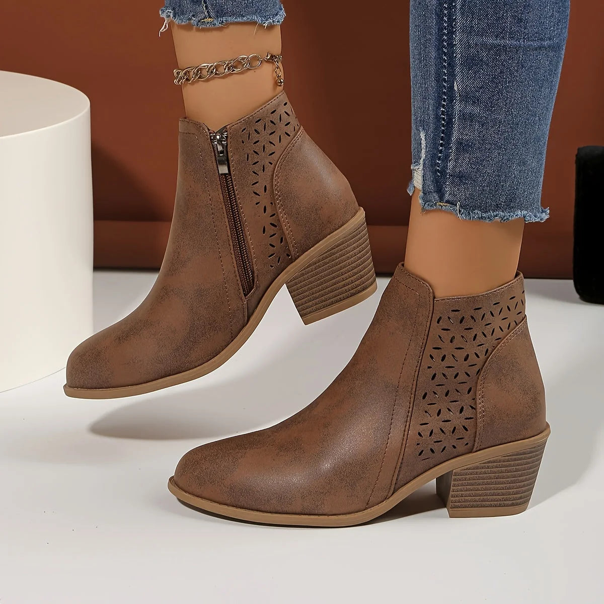 Mia | Laser-Cut Ankle Boots with Stacked Heel