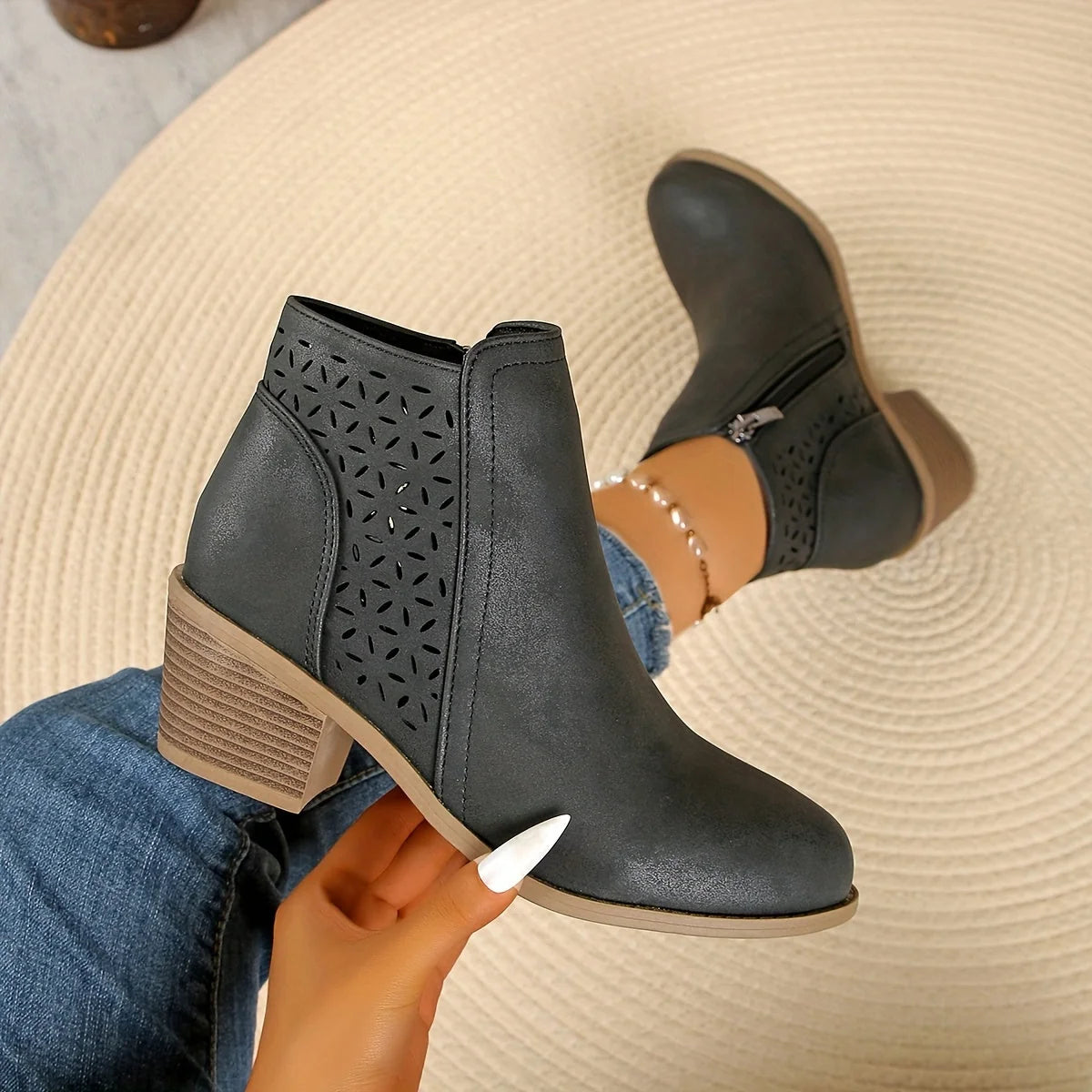 Mia | Laser-Cut Ankle Boots with Stacked Heel