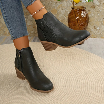 Mia | Laser-Cut Ankle Boots with Stacked Heel