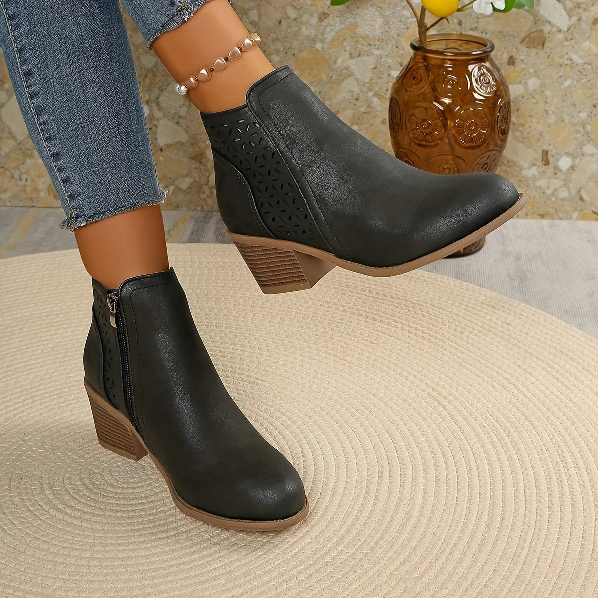 Mia | Laser-Cut Ankle Boots with Stacked Heel